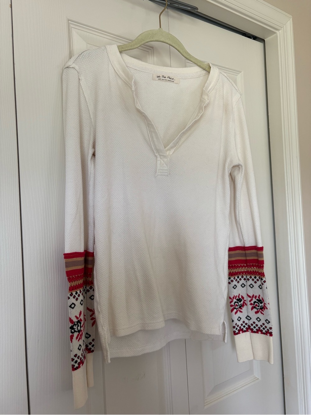 Free People We The Free Fair Isle Cuff Thermal Henley Top Ivory Size Large